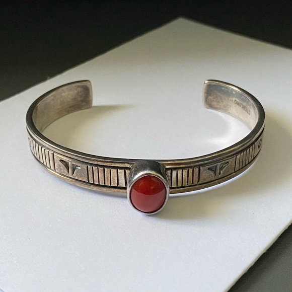 Vintage Navajo Charles Ortiz Sterling Silver Coral Cuff Bracelet - Picture 1 of 14